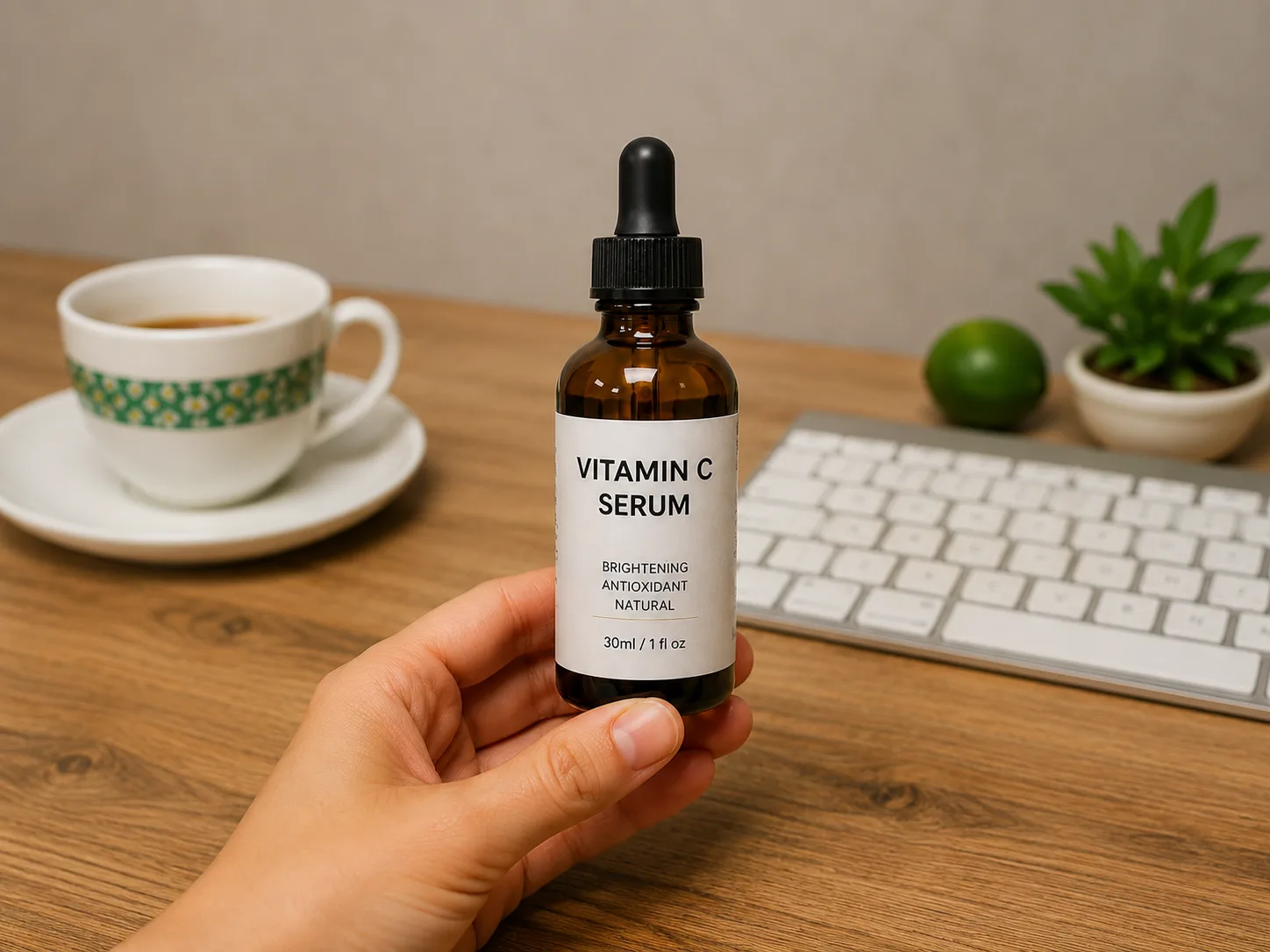 Source photo of a vitamin C serum bottle held in a desk setting