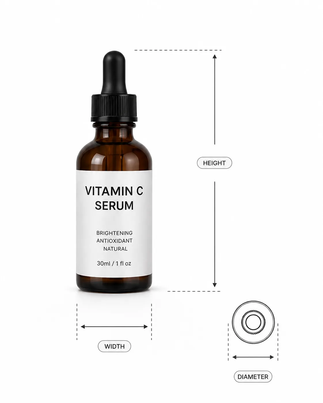 Size and dimension example for a vitamin C serum bottle